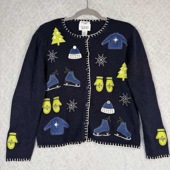 Vtg Holiday Cardigan Sweater Small Winter Christmas Hand Embroidered Grandmacore - Picture 1 of 12